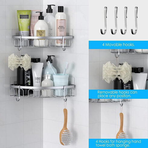 stusgo Corner Shower Caddy, Shower Shelf, Adhesive Shower Wall Caddy, SUS304 Stainless Steel Shower Rack Corner, Bathroom Storage Organizer Rustproof with 4 Hooks for Dorm Kitchen, 2 Pack