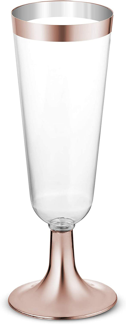 50 Plastic Rose Gold Rimmed Champagne Flutes | 5.5 oz. Clear Hard Disposable Party & Wedding Cups | Premium Heavy Duty Fancy Champagne Flute or Toasting Glasses (50-Pack) Gold Rim by Bloomingoods