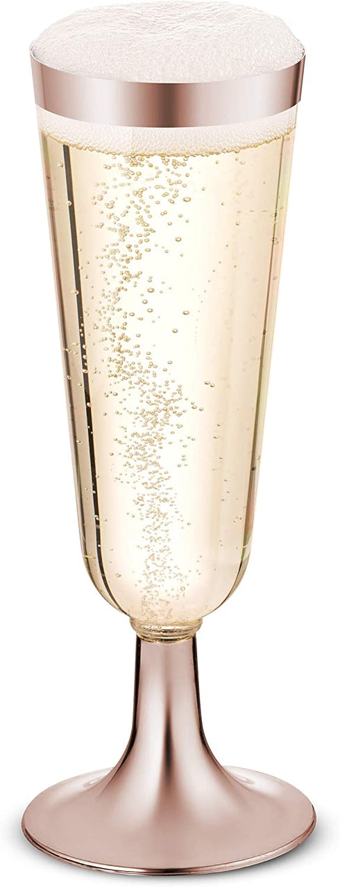 50 Plastic Rose Gold Rimmed Champagne Flutes | 5.5 oz. Clear Hard Disposable Party & Wedding Cups | Premium Heavy Duty Fancy Champagne Flute or Toasting Glasses (50-Pack) Gold Rim by Bloomingoods
