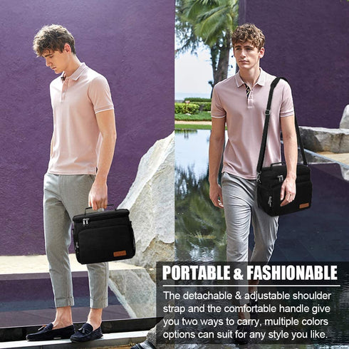 Insulated Lunch Bag for Women/Men - Reusable Lunch Box for Office Work School Picnic Beach - Leakproof Cooler Tote Bag Freezable Lunch Bag with Adjustable Shoulder Strap for Kids/Adult - Black