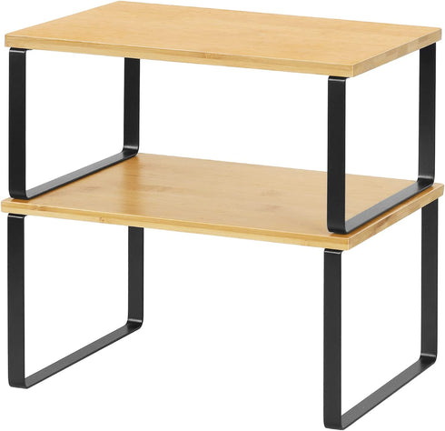 NEX Bamboo Kitchen Cabinet and Counter Shelf Organizer, Stackable & Expandable, Black and Natural