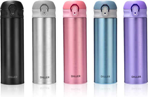 DILLER Thermos Coffee Travel Mug - 17oz Vacuum Insulated Water Bottle, Thermal Vacuum Drink Flask Keeps 24 Hours Cold & 12 Hours Hot (Silver, 17 oz)