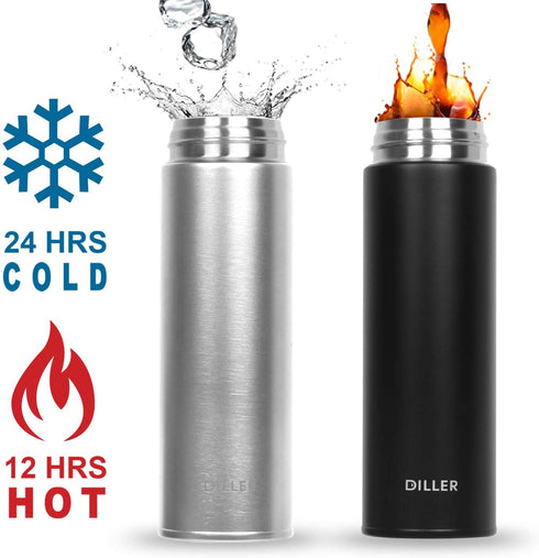 DILLER Thermos Coffee Travel Mug - 17oz Vacuum Insulated Water Bottle, Thermal Vacuum Drink Flask Keeps 24 Hours Cold & 12 Hours Hot (Silver, 17 oz)