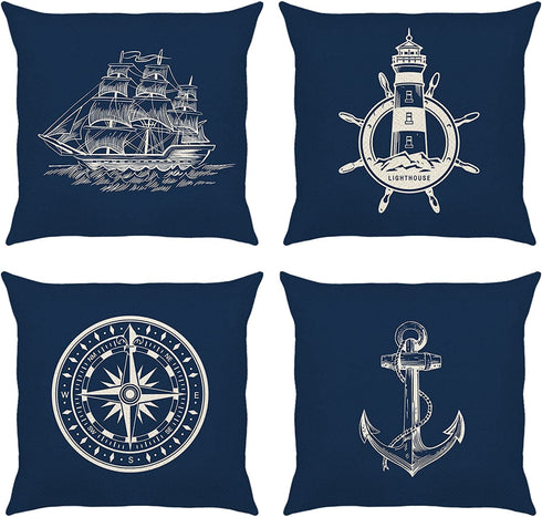 Bonhause Nautical Navy Blue Throw Pillow Covers 18 x 18 Inch Set of 4 Anchor Lighthouse Sailboat Compass Decorative Pillow Cases Linen Cushion Covers for Sofa Couch Bed Home Decor