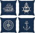 Bonhause Nautical Navy Blue Throw Pillow Covers 18 x 18 Inch Set of 4 Anchor Lighthouse Sailboat Compass Decorative Pillow Cases Linen Cushion Covers for Sofa Couch Bed Home Decor
