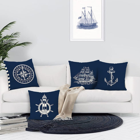 Bonhause Nautical Navy Blue Throw Pillow Covers 18 x 18 Inch Set of 4 Anchor Lighthouse Sailboat Compass Decorative Pillow Cases Linen Cushion Covers for Sofa Couch Bed Home Decor