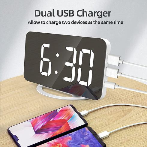 Digital Alarm Clock, 7" Large LED Mirror Electronic Clocks?Bedside Clock with Touch Snooze, Dual USB Charge, Auto Adjustable Brightness, Desk Wall Modern Clocks for Bedrooms Living Room Office(White)