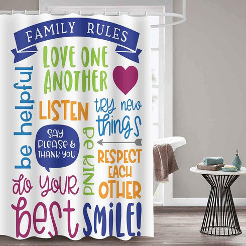 SDDSER Family Rules Shower Curtain Educational Motivational and Inspirational Quotes Decor Bathroom Curtain for Kids, 72 x72 in Bathtub Showers Waterproof Fabric with 12 Hooks YLQQSD303
