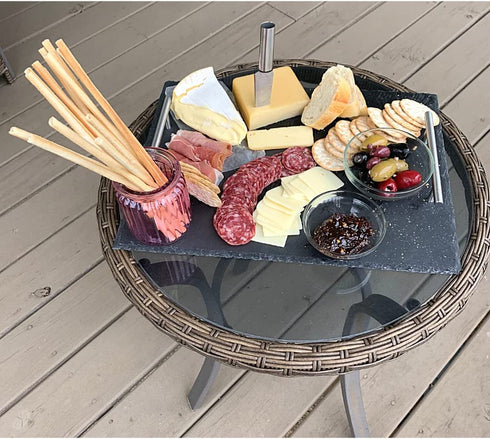 Home Basics Slate Serving Tray with Stainless Steel Handles, Gourmet Board with Natural Edge for Cheese, Appetizer, Baked Goodies, Dry Fruits, 12" x 16", Black