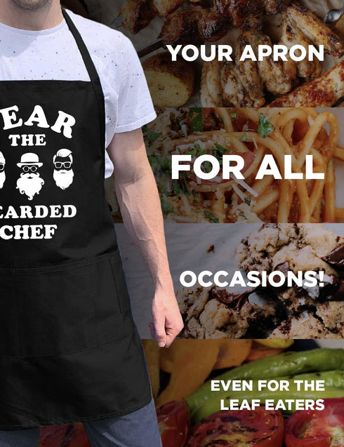 ApronMen, Fear The Bearded Chef Apron, Professionally Printed Funny BBQ Grilling Aprons for Men (Black) - Adjustable One Size Fits All - 100% Cotton - Mens Apron With Pockets