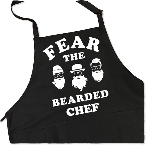 ApronMen, Fear The Bearded Chef Apron, Professionally Printed Funny BBQ Grilling Aprons for Men (Black) - Adjustable One Size Fits All - 100% Cotton - Mens Apron With Pockets