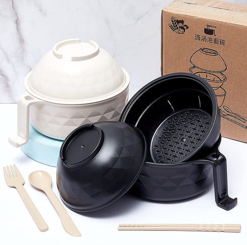 2 Sets Microwave Ramen Cooker Bowl Set Quick Ramen Cooker with Handles Ramen Noodle Cooker with Spoon Chopsticks Fork College Dorm Room Apartment Essentials for Girls and Boys (Black, Beige)