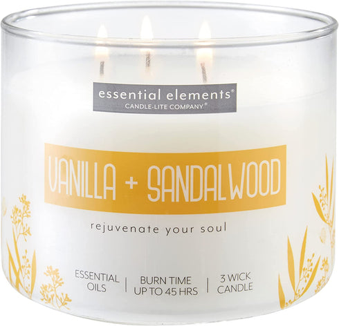 Essential Elements by Candle-lite Scented Candles, Vanilla & Sandalwood Fragrance, One 14.75 oz. Three-Wick Aromatherapy Candle with 45 Hours of Burn Time, Off-White Color