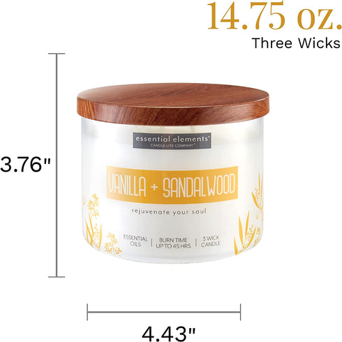 Essential Elements by Candle-lite Scented Candles, Vanilla & Sandalwood Fragrance, One 14.75 oz. Three-Wick Aromatherapy Candle with 45 Hours of Burn Time, Off-White Color