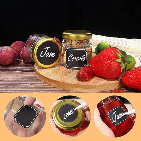 1.5 oz Hexagon Glass Jars with Golden Lids.Set of 48 Pack Mini Canning Jars Containers for Spice Jam,Jelly, Wedding Favors, Honey And More. Small Jars.Include 1 Chalk Pen and 80 Labels.
