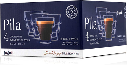 JoyJolt Pila Double Walled Espresso Glasses, Set of 4 Espresso Cups 3 Ounce Capacity. Stackable Thermal Clear Glass Cups, Ideal Fit for Espresso Machine and Coffee Maker