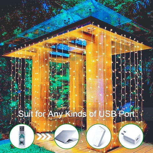 Ollny Curtain Lights LED Curtain Fairy Lights Outdoor, 6.6FT 8 Lighting Modes Window Wall Hanging String Lights Warm White with USB and Remote for Christmas Indoor Bedroom Wedding Party Easter Garden