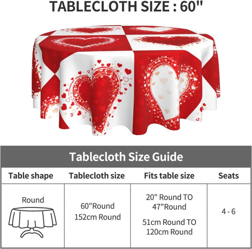 Tablecloth 60 inches Valentine's Day Love Heart Red Waterproof Washable Round Table Cloth Cover for Dining Room Kitchen Decoration