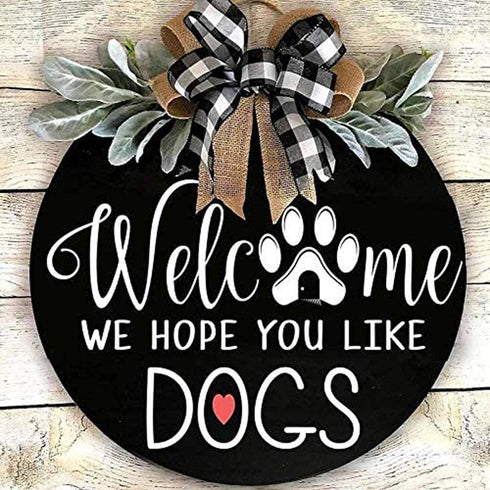 Welcome Wreath Sign for Farmhouse Front Porch Decor - We Hope You Like Dogs - Door Hanging with Premium Greenery - Gift for Christmas Housewarming Holiday Home Decoration