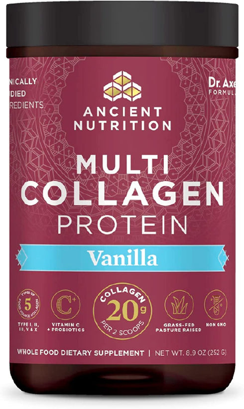 Collagen Powder Protein by Ancient Nutrition, Multi Collagen Vanilla Powder, 24 Serving, Collagen Peptides Support Skin, Nails, Gut Health, 8.9oz