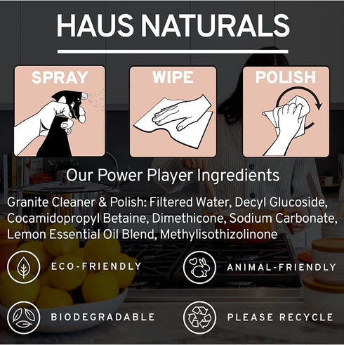 HAUS Naturals Granite Cleaner and Polish - Clean and Protect All Your Stone Surfaces. Eco-Friendly, Kids-Friendly, Animal-Friendly. Large Microfiber Cloth Included. 16 oz