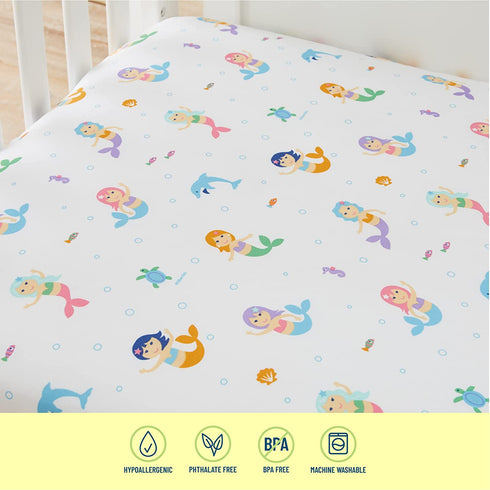 Wildkin 100% Microfiber 3 Pc Crib Bed In A Bag for Toddler Boys and Girls, Bedding Set Includes Printed Comforter, Fitted Bottom Sheet and Coordinating Crib Skirt, Olive Kids (Mermaids)