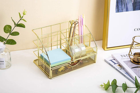 Upgraded Desk Organizer for Women, Cute Mesh Office Supplies Accessories Essentials Caddy with Drawer for Home & Office Desktop Organization & Decor, Gold