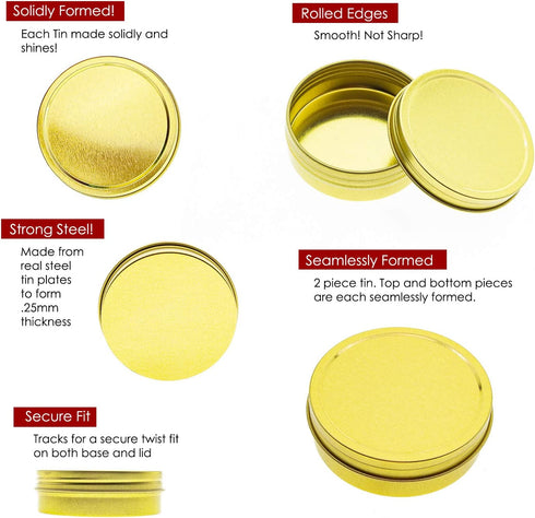 Mimi Pack 24 Pack Tins 1 oz Shallow Round Tins with Solid Screw Lids Empty Tin Containers Cosmetics Tins Party Favors Tins and Food Storage Containers (Gold)