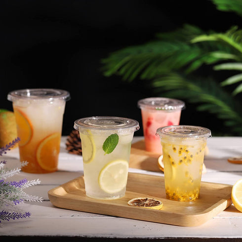 Eupako 9 oz Plastic Cups with Lids, 9 Ounce Clear Disposable Plastic Party Cups with Flat Lids, Cold Drink Cups Pack of 100