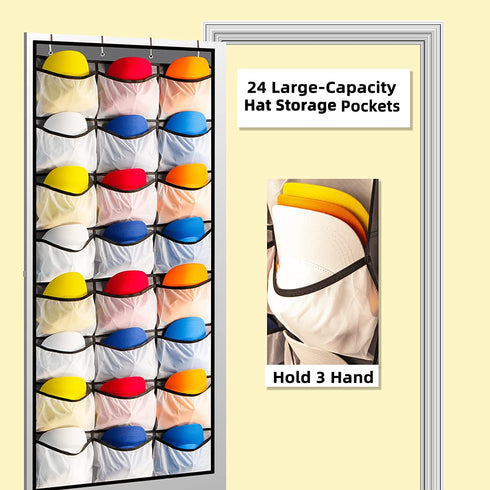 Hat Rack for Door or Wall, Baseball Hat Organizer Over The Door , 24 Deep Large Pockets Sports Caps Hat Display Storage Holder (Grey)