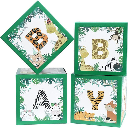 Baby Shower Safari Jungle Animal Box Set of 4 Baby Block Boxes for Gender Reveal Party Supplies Birthday Party Decorations Boy Girl Baby Blocks Decorations. (Green)