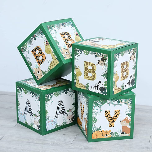 Baby Shower Safari Jungle Animal Box Set of 4 Baby Block Boxes for Gender Reveal Party Supplies Birthday Party Decorations Boy Girl Baby Blocks Decorations. (Green)