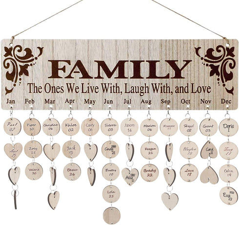 Family Birthday Calendar Board DIY Wooden Birthday Reminder Wall Hanging Calendar Plaque for Mom Dad with 100 Piece Wooden Discs