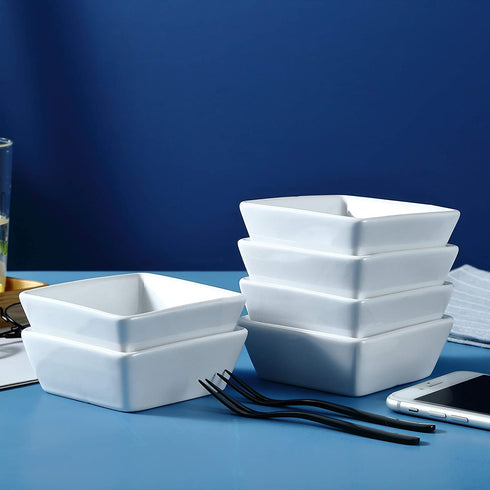 Bruntmor Ceramic Square Baking Ramekins for Souffl©, Cr¨me Brulee, Jams, Dipping Sauces, French Onion Soup Oven Safe, Appetizer Sauce Dipping Bowls, (4 Oz, Set of 6), White