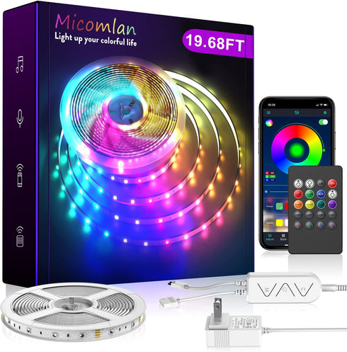 19.68Ft/6m LED Strip Lights?Micomlan Music Sync Color Changing RGB LED Strip Built-in Mic, Bluetooth APP Controlled LED Lights Rope Lights, 5050 RGB LED Light Strip(APP+Remote+Mic+Music )