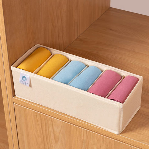 Qozary 3 Pack Sock Underwear Drawer Organizer Dividers, Collapsible Cabinet Closet Storage Boxes for Clothes, Socks, Lingerie, Underwear, Tie, Belt, Baby, Bedroom (Beige, 6 Cells)