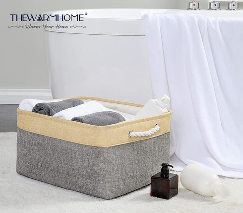 TheWarmHome Large Baskets for Storage Rectangular Basket Decorative Basket Fabric Storage Bin Brown Storage Basket Shoes Basket Towel Basket Cloth Baskets Blanket Storage(Gold&Grey,Large-1 Pack 17.7×13.7×9.8inch)
