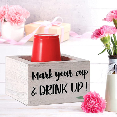 Solo Cup Holder with Marker Slot Wooden Mark Your Cup and Drink Up Cup Holder Party Cup Organizer 2 Sides Designs Farmhouse Bar Party Decor Housewarming Hostess Bridal Couples Gift for Kitchen