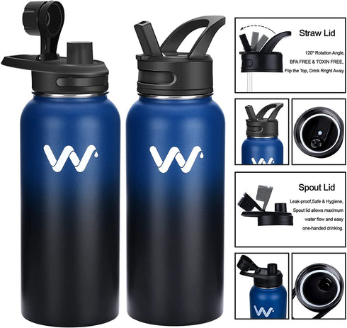 WEREWOLVES 32 oz Insulated Water Bottle With 3pcs Handles & Straw Lid & Spout Lid,Reusable Wide Mouth Vacuum Stainless Steel Water Bottle for Adults