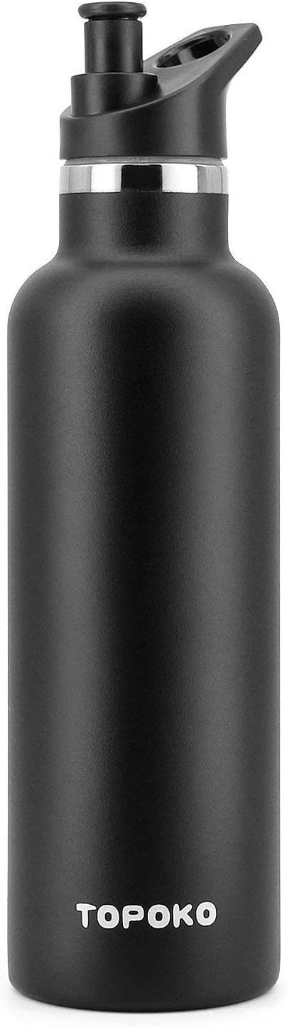 TOPOKO 25oz Hydro Double Wall Flask Stainless Steel Water Bottle, Bite Valve Top, Vacuum Insulated, Sweat Proof, Leak Proof Sports Thermos. Standard Mouth 25oz, BPA-Free, Keep Cold 24 Hours (Black)