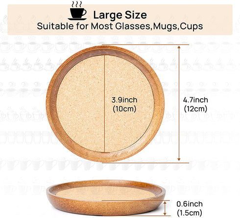Drink Coasters,4 Cup Coasters for Drinks Absorbent Cork Coasters Set,Natural Wood Stackable Reusable Coasters for Home Office Coffee Bar Table,Rustic Housewarming Gifts for New Home Friends (4 Pack)