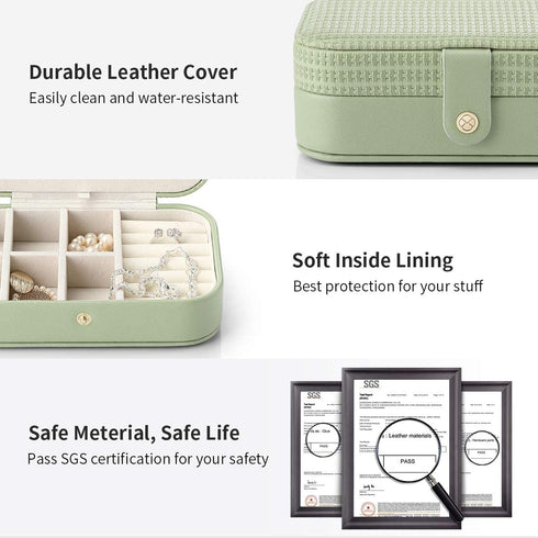 Vlando Travel Jewelry Case Box Women PU Leather 2 Layer Jewelry Organizer Holder for Necklace Earring Rings-Green