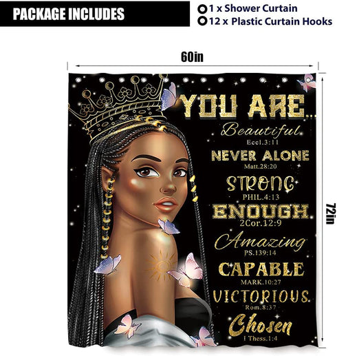 LIGHTINHOME African American Woman Quotes Shower Curtain Inspirational Black Girl Queen 60Wx72H Motivational Butterfly Intelligent Word Fabric Waterproof Home Bathtub Decor 12 Pack Plastic Hooks