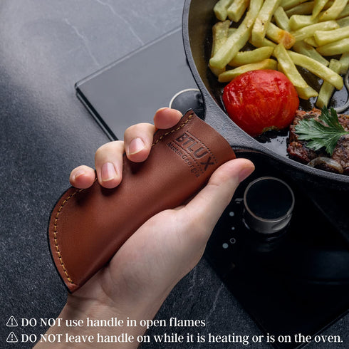 BTLUX Set of 2 Leather Hot Handle Holders - Handmade Thick Leather Handle Covers for cast Iron skillets Pans and pots 100 Percent Heat Resistant Handle Sleeve - Brown