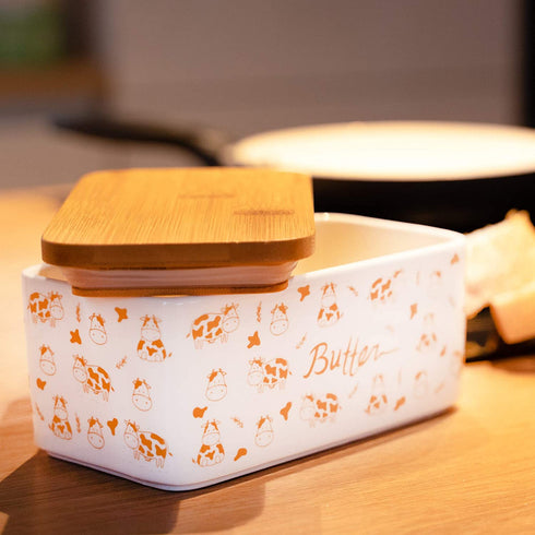 Lumicook porcelain butter dish with lid, Natural bamboo lid, seal included for airtight butter dish, butter holder easily fits 2 sticks of butter