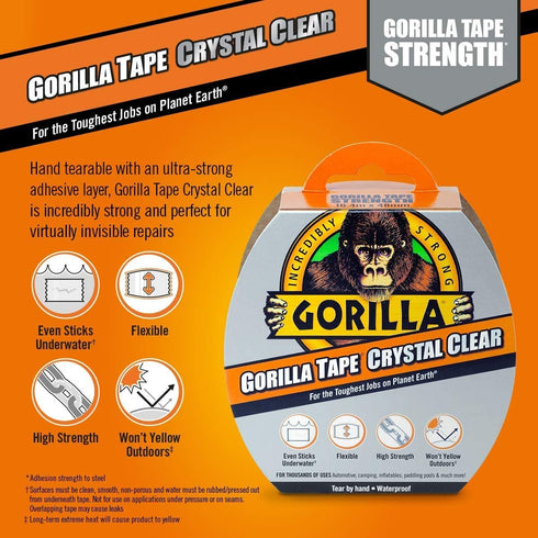 Gorilla Crystal Clear Repair Duct Tape, 1.88? x 9 yd, Clear, (Pack of 2)