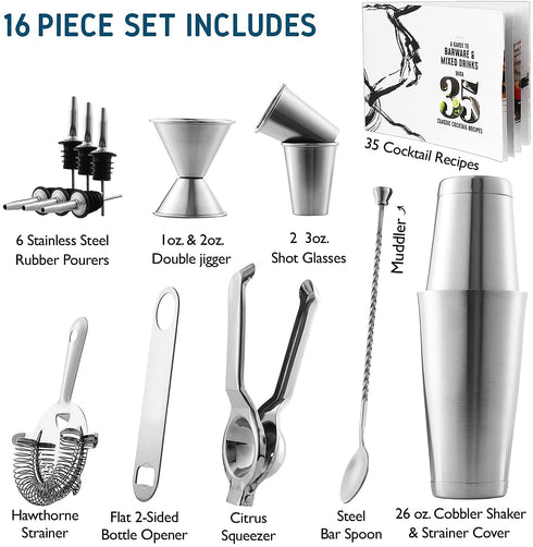 Eatex Bar Set Cocktail Shaker Set - Stainless Steel Bartender Kit, 16 Piece Cocktail Kit, Complete Cocktail Set, Bar Tools: Martini Shaker, Muddler, Cocktail Book, Jigger, Liquor Pourers - Silver