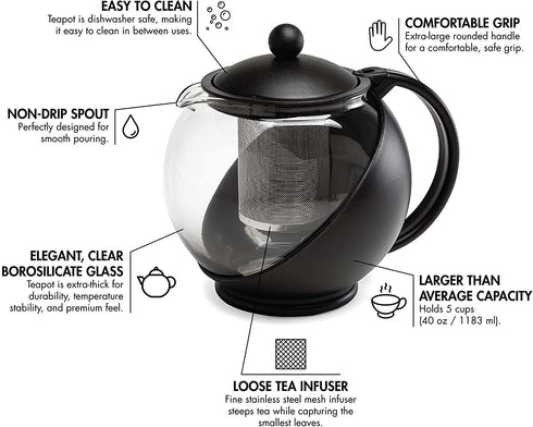 Primula Half Moon Teapot Set with 4 Tea Cups, Removable Infuser, Borosilicate Glass Tea Maker, Stainless Steel Filter, Dishwasher Safe, 40-Ounce, Tea Gift Set, Tea Set for Service of 4 Adults
