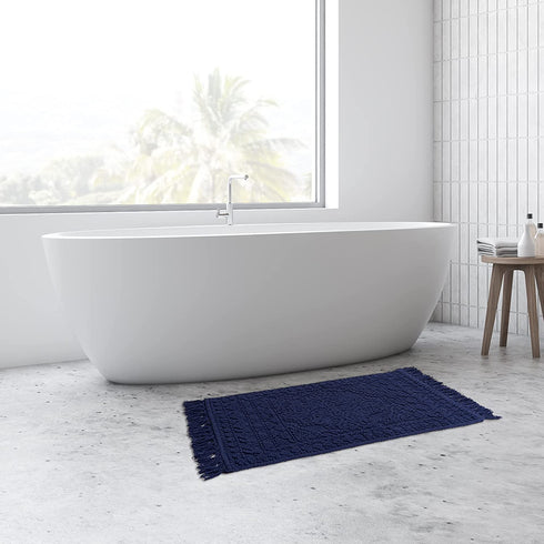 French Connection Nellore Bath Mat | Woven and Beaded Bathroom Rug | 100% Cotton | Premium Bathroom Décor | Machine Washable | Measures 20" x 34" | Navy