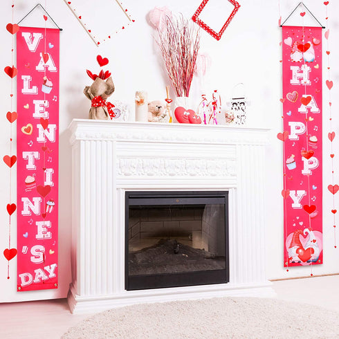 Boao 2 Pieces Valentine's Day Banners Valentine Door Porch Signs Hanging Heart Streamers Pink Valentine's Day Wall Decoration Party Supplies for Valentine's Day Indoor Outdoor Use